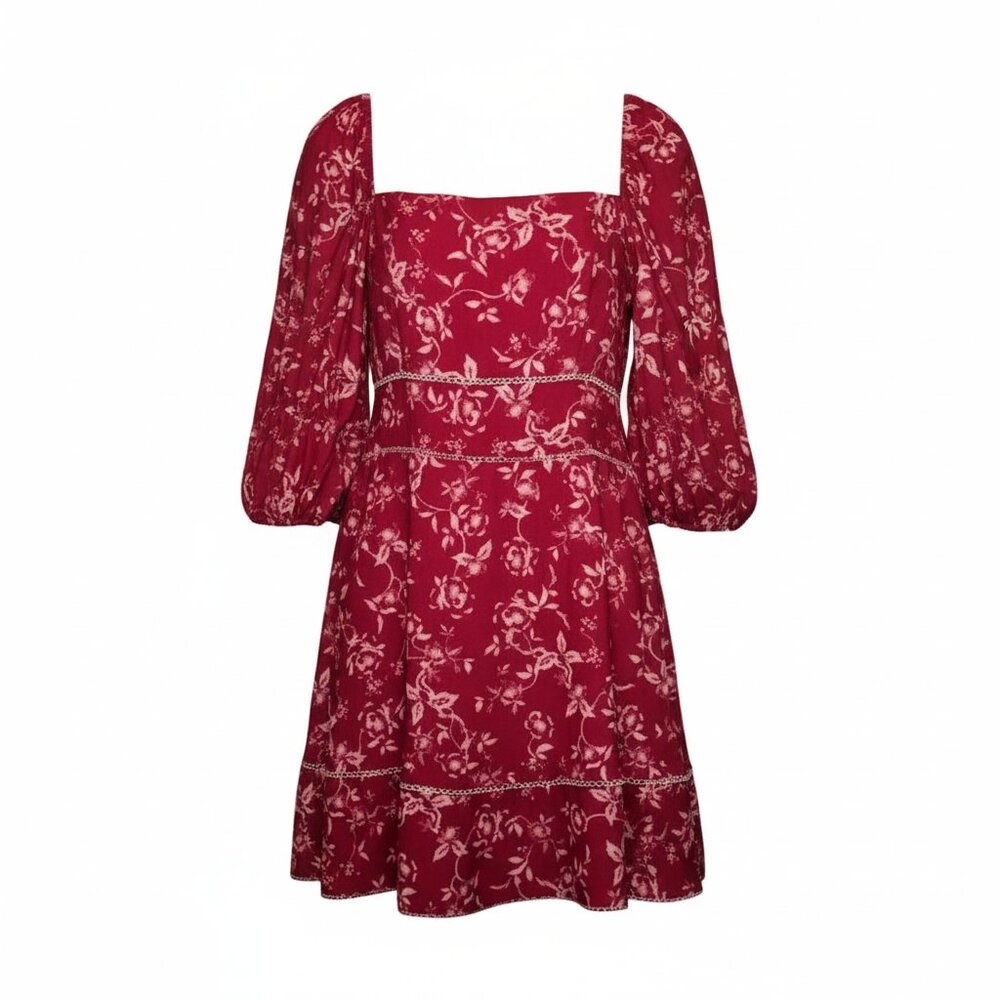 Keepsake The Label Red Floral Mini Dress L Puff Sleeve Square Neck Wedding Guest